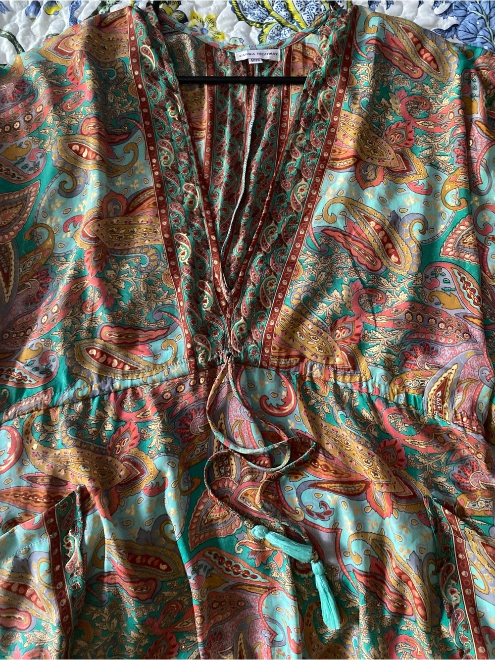 Paisley Maxi Dress with V-Neck and Drawstring Waist in Teal and Rust